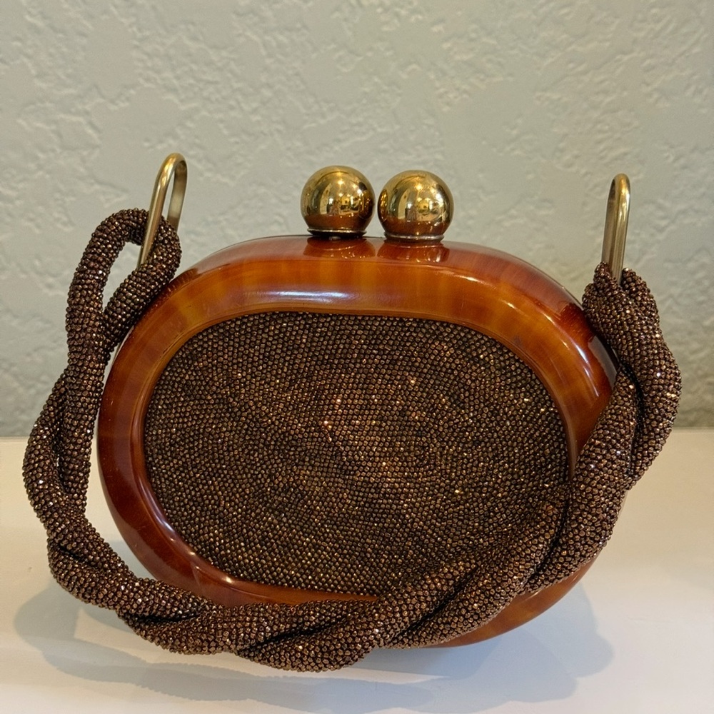 Elegant Fre-Mor style 1940s Beaded Fabric & Bakelite
Handbag Copper/Butterscotch